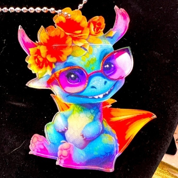 Cute Dragon Window/Car Hanger, bright color, 3” X 3”, chain 16”, 1/8” plastic - Picture 1 of 3